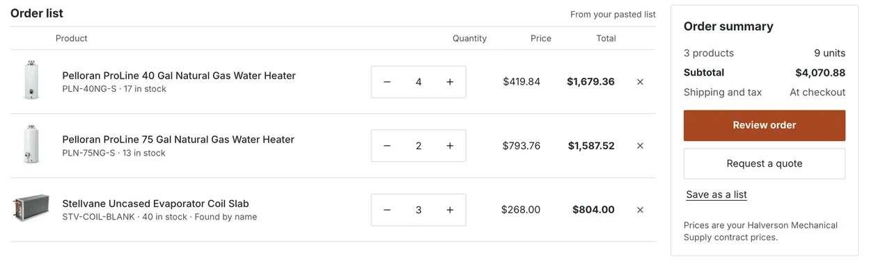 Quick order list with matched products, prices and stock