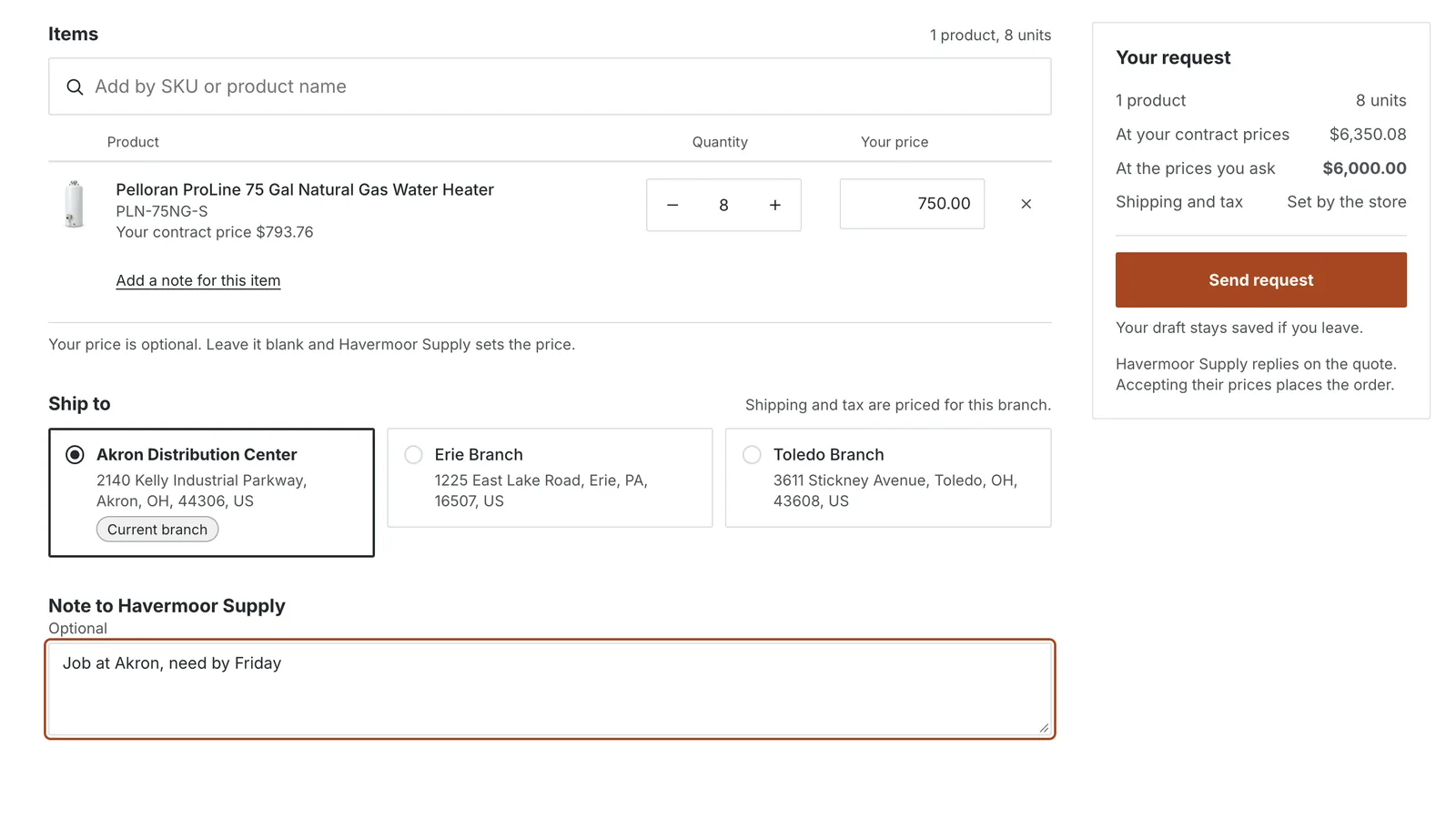 Quote request form on a store theme with ship-to branches