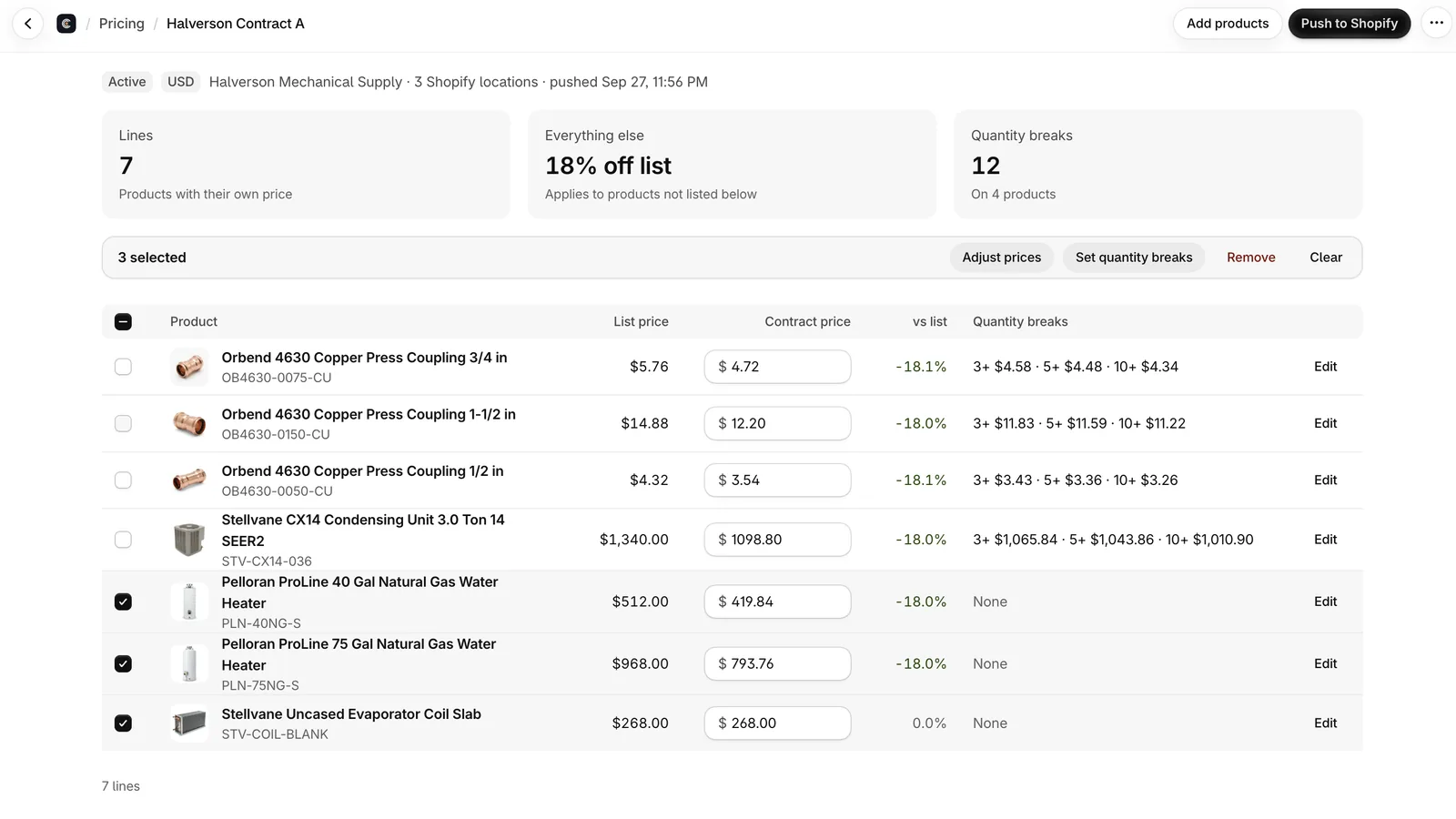 Contract price list for one company in the Shopify admin