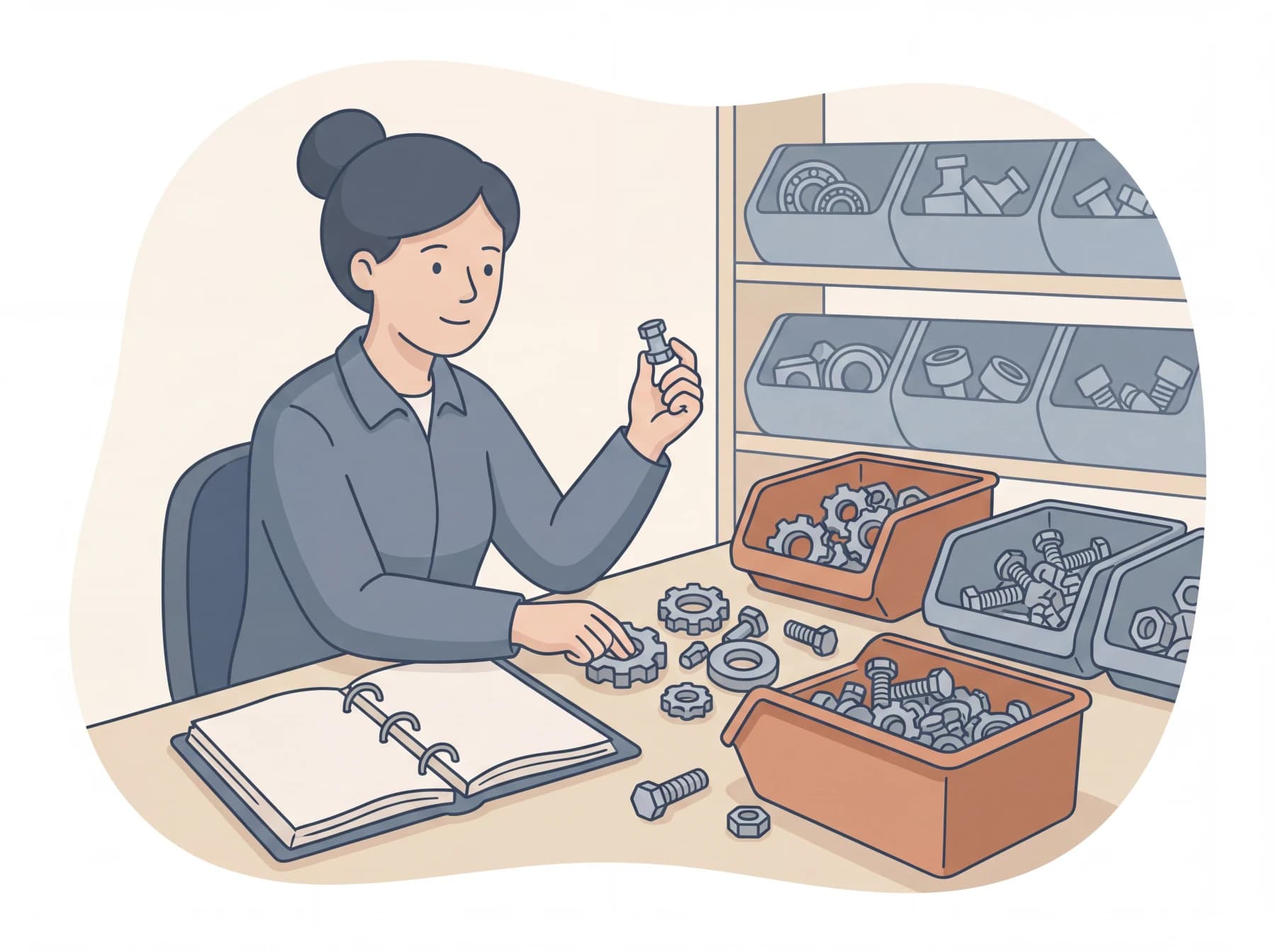 Illustration of catalogue work: a woman sorts assorted metal fittings into labelled bins at a workbench, holding one part up to inspect it, an open binder of blank spec sheets beside her