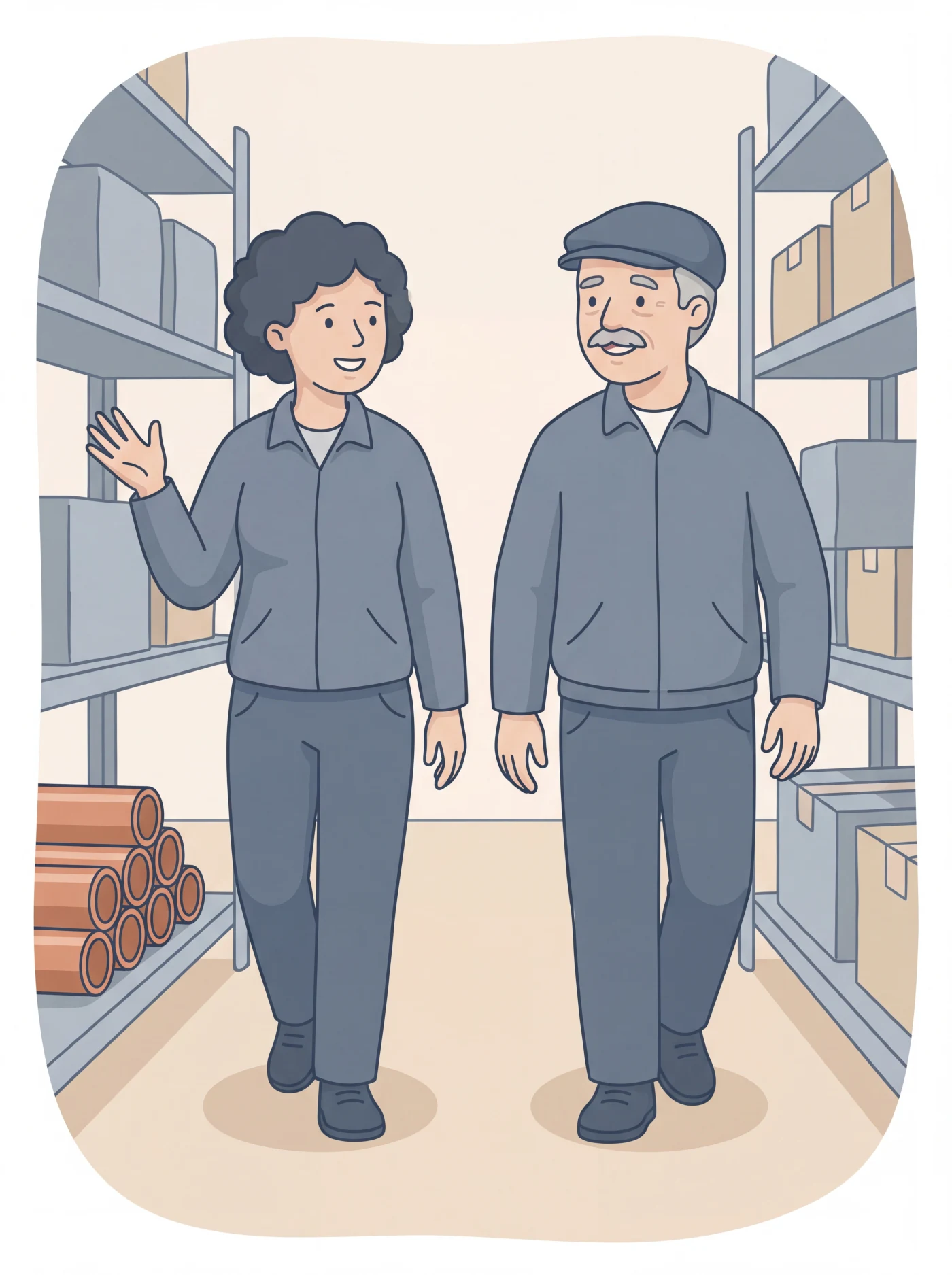 Illustration of two warehouse colleagues walking side by side down an aisle mid-conversation, one gesturing as they explain something, with racking and a stack of copper pipe beside them