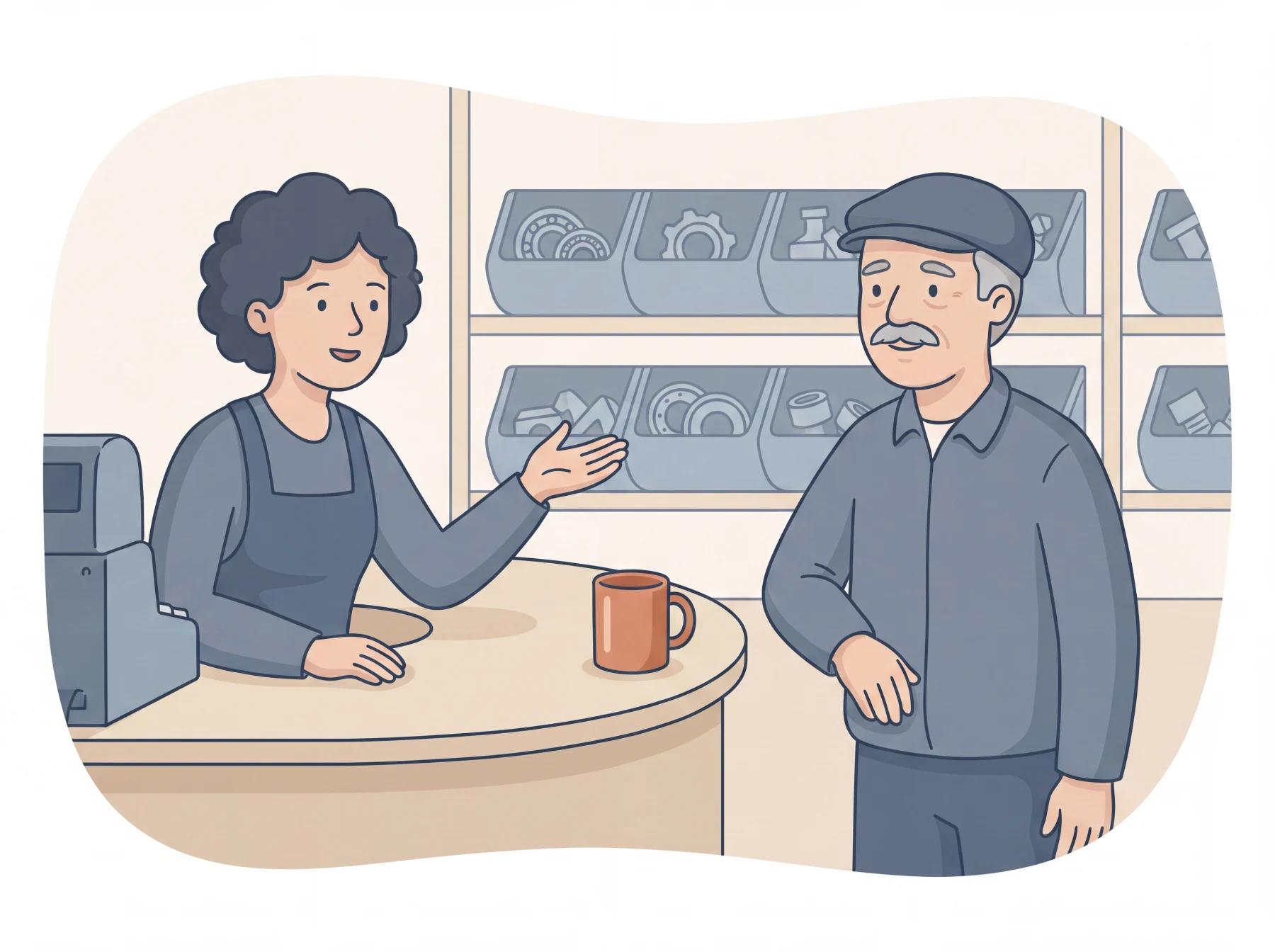 Illustration of two people talking across a wholesale trade counter with no paperwork between them, one gesturing openly as if explaining something plainly, the other listening