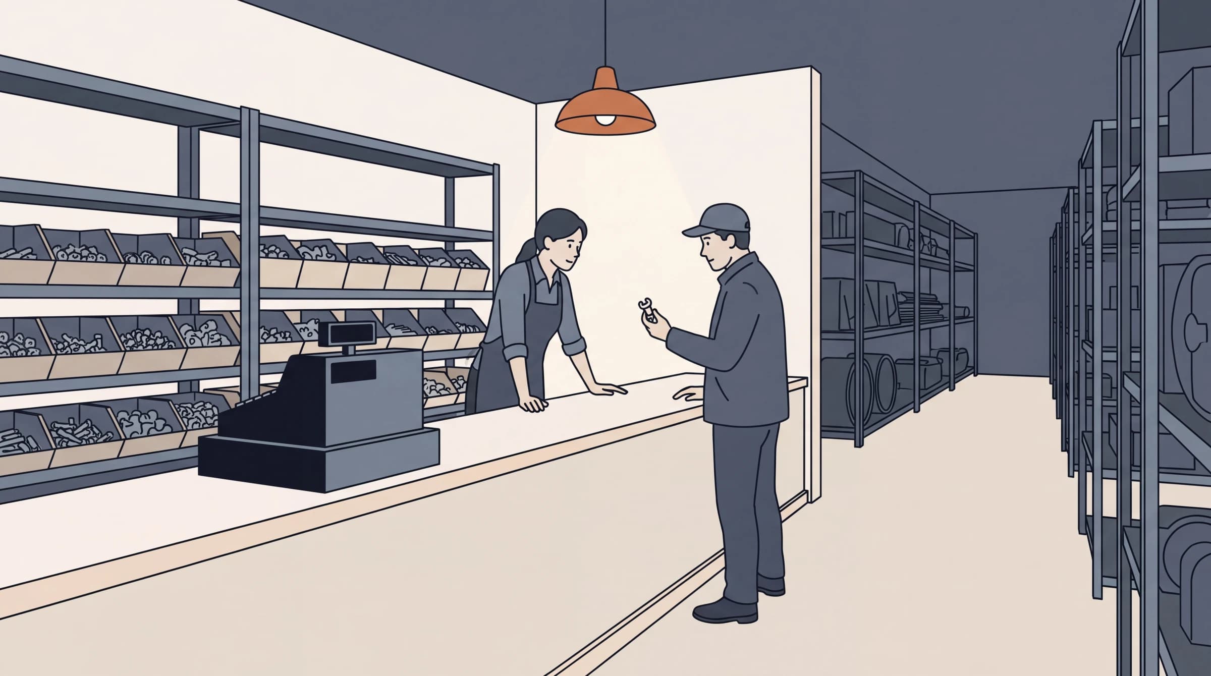 Illustration of a quiet wholesale trade counter late at night, lit by a single copper pendant lamp: a buyer holds up a small metal part across the counter and the counter worker leans in, attentive and ready to answer, with bins of parts on the racking to the left and the dim warehouse behind