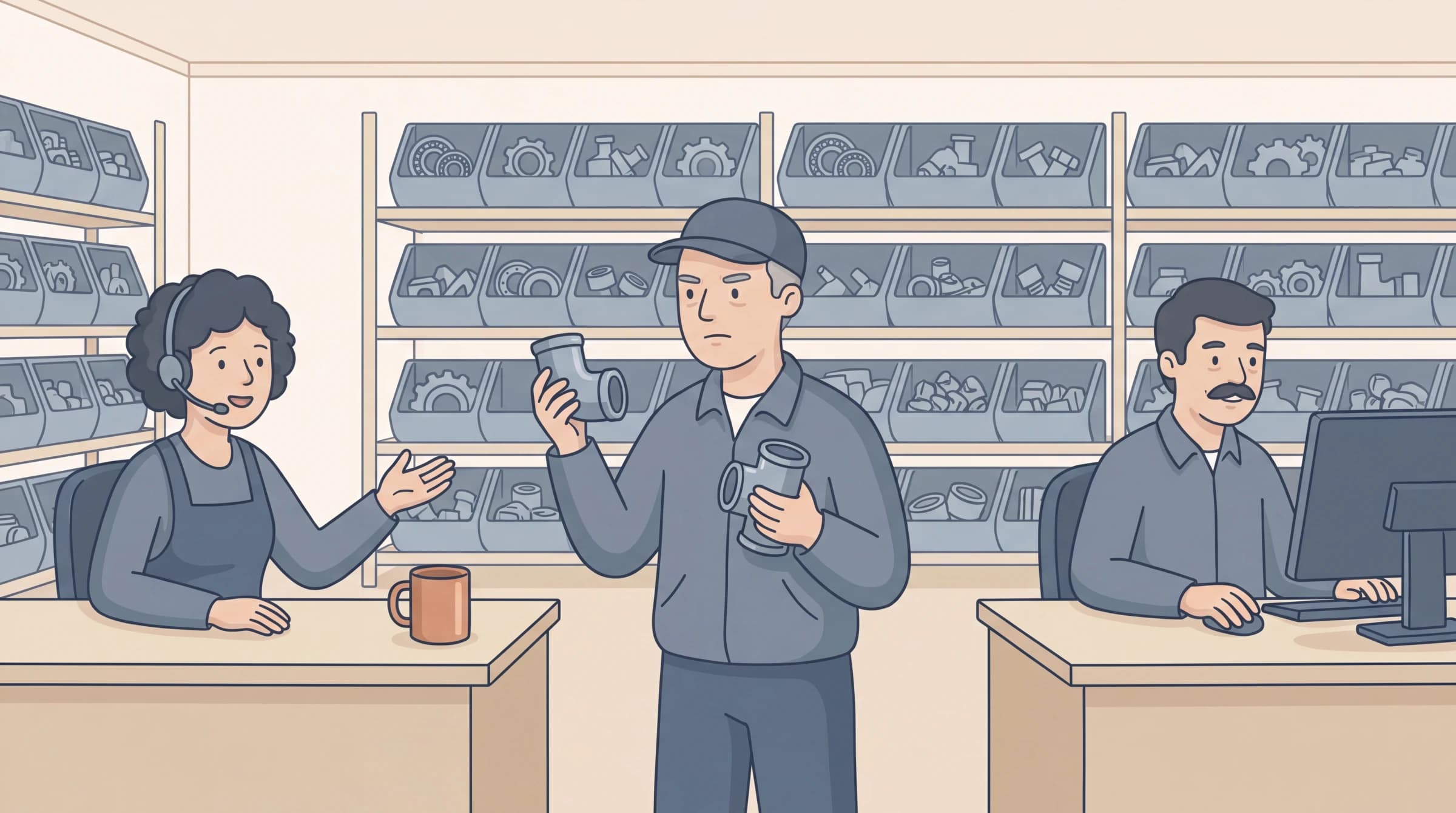 Illustration of a distributor's inside sales room: a rep in a headset at one desk gestures as she talks, a colleague standing between the desks holds up two pipe fittings to compare them, and a third person works at a second desk, with bins of small parts filling the racking along the back wall