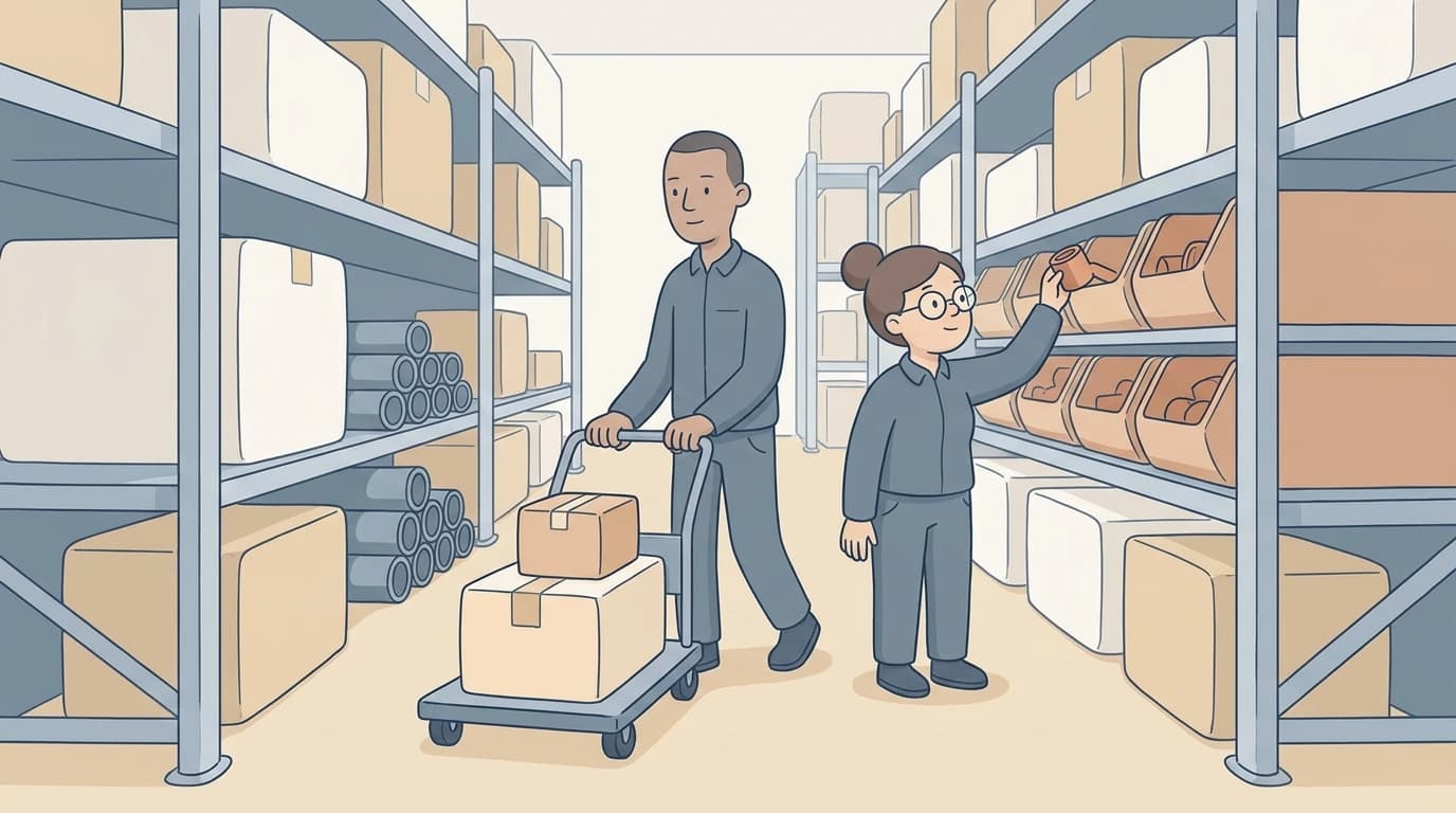 Illustration of two warehouse colleagues working an aisle of racking, one pushing a cart of boxes while the other reaches up to pull a part from a bin
