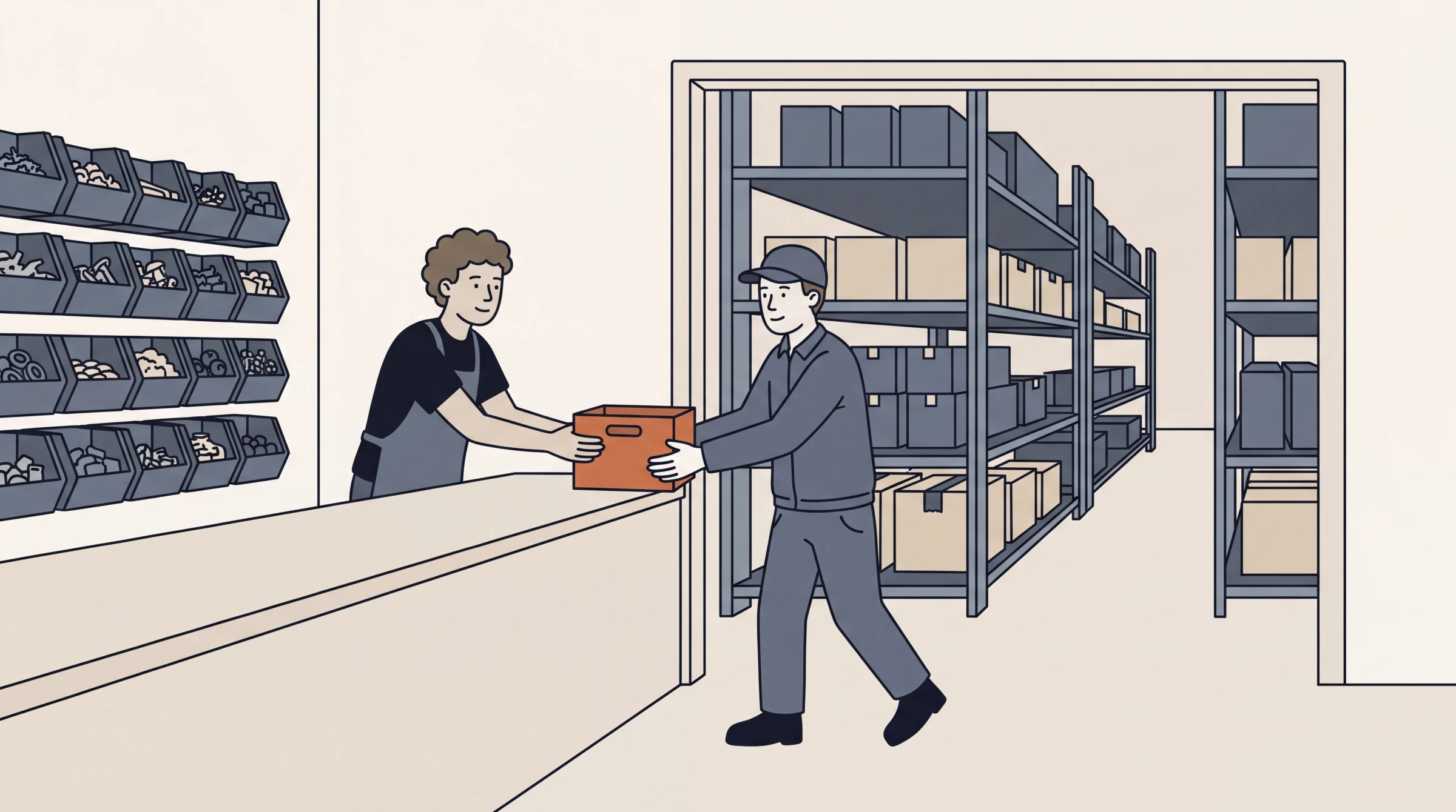 Illustration of a wholesale trade counter that opens through a wide doorway onto the warehouse floor: a counter worker in an apron hands a small crate across to a colleague stepping in from the racking side, with bins of small parts on the counter wall behind them