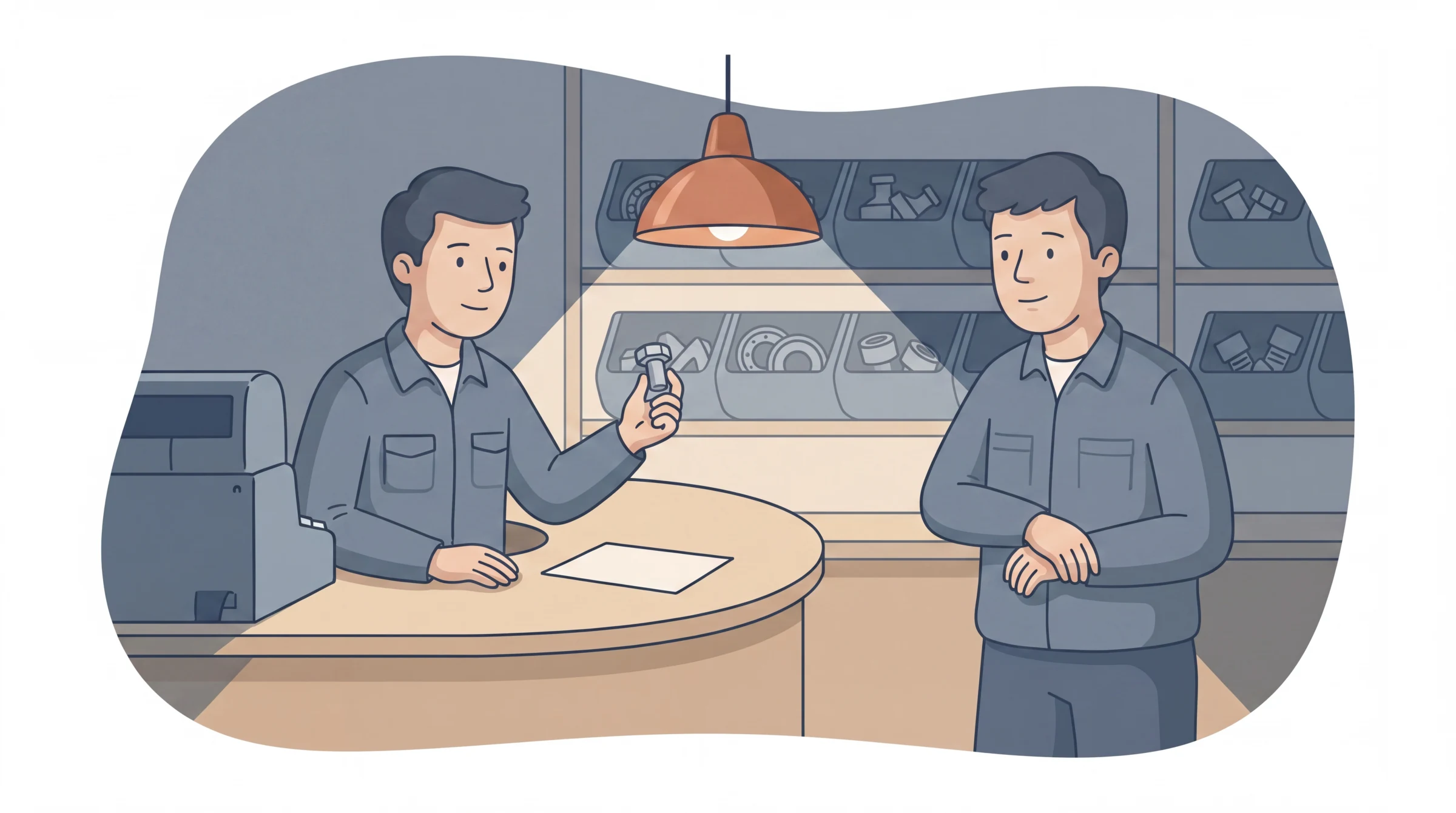 Illustration of a quiet trade counter early in the morning before the doors open: an apron hangs by the register, a stack of order pads sits on the counter next to a mug, and the racking behind stands in shadow with the lights not yet fully on